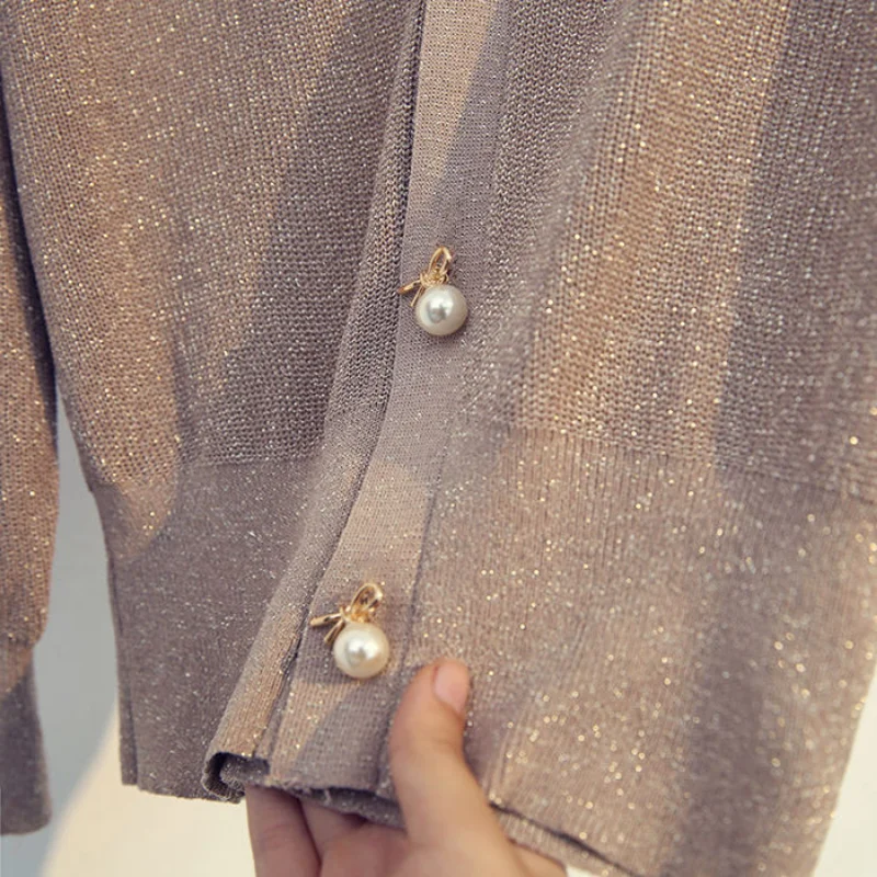 Pearl Buttons Glitter Vintage Long Sleeve Knitted Cardigan V-neck 2023 New Korean Fashion Solid Coats Thin Top Casual Jacket