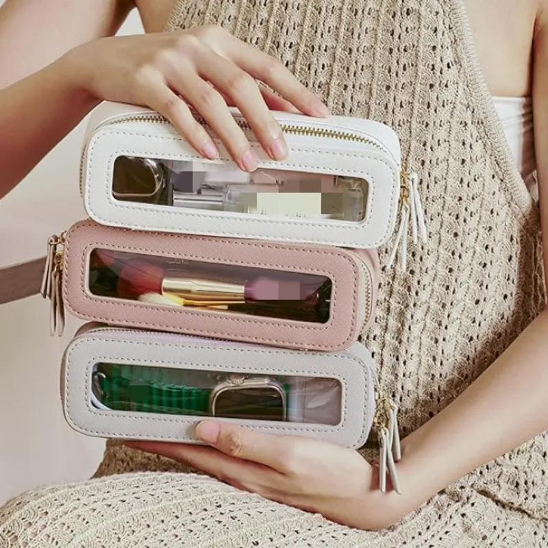 New PU Leather Makeup Brush Box Waterproof Transparent Cosmetic Bag Zipper Closure Large Capacity Pencil Case Travel Accessories
