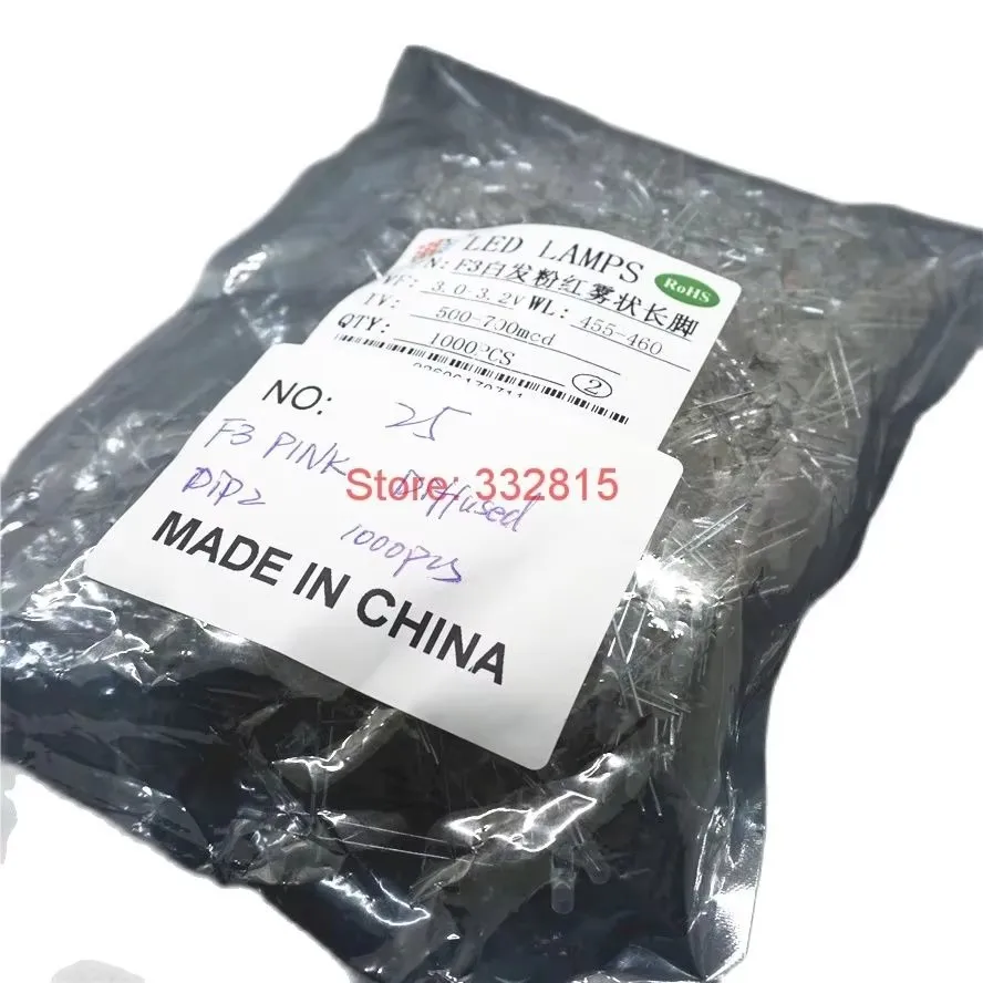 1000 قطعة، F3 DIFUSED DIP LED، 3 مم أصفر أحمر أخضر أزرق دافئ أبيض وردي، رأس مستدير