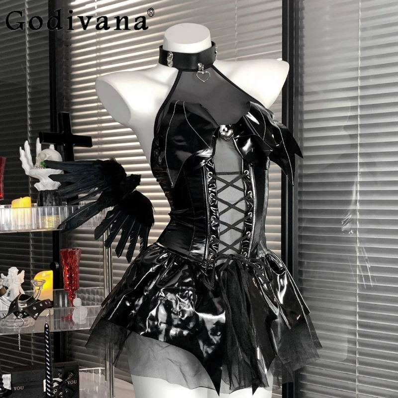 Сексуальная глянцевая ночная рубашка с кожаным ремешком, женская ночная рубашка с открытой шеей и суккусом, перспективное платье для косплея, женское вечернее платье на Хэллоуин