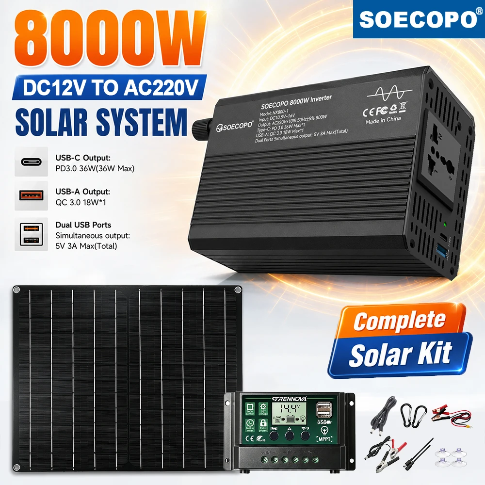 Portable Solar Generation Set SOECOPO 8000W Peak 800W Rated 12V220V Power Inverter Complete MPPT Regulator 300W Panel Wiring Kit