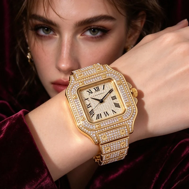 Unisex Gold Iced Out Rhinestone Wristwatch Luxury Sparkling Diamond Bracelet Watch for Women Daily Timepiece