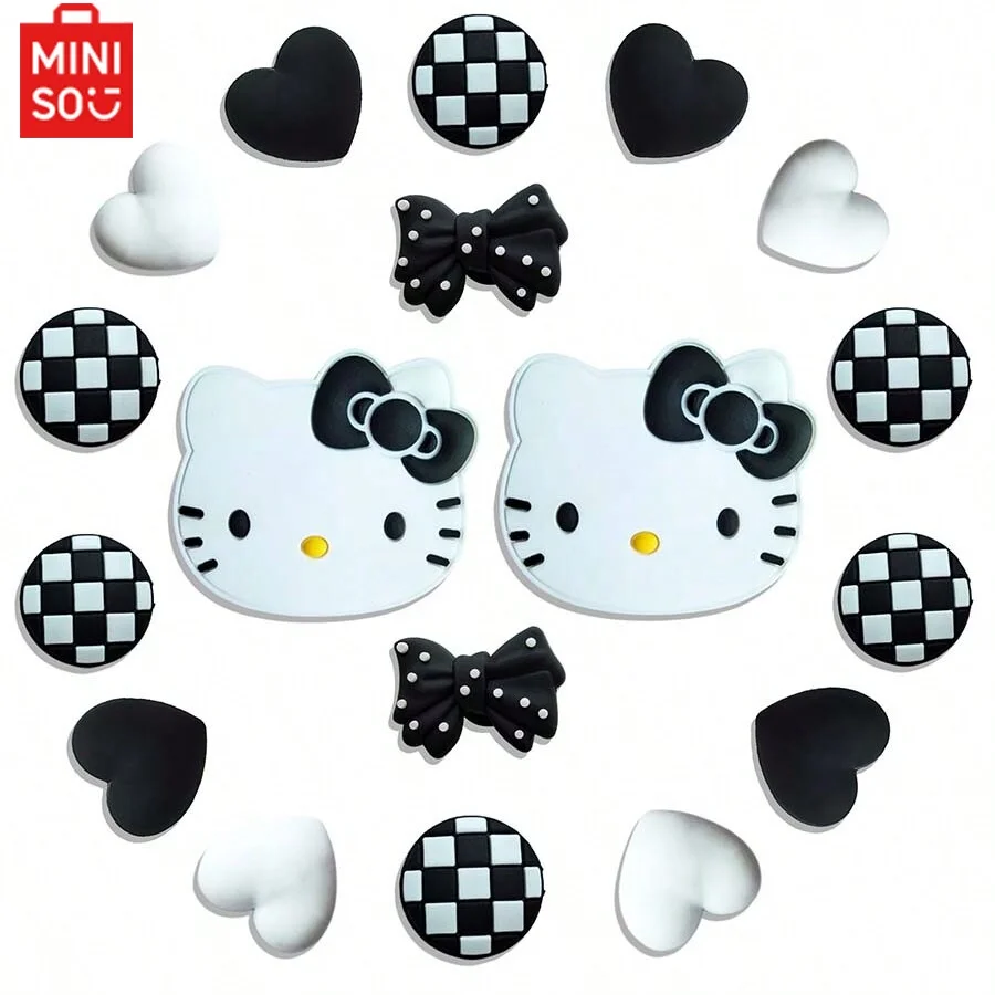 MINISO 18pcs Black & White Kitty Shoe Charms Set For Clogs Bag Bubble Slides Sandals,PVC Shoe Decorations Beach Bag Accessories