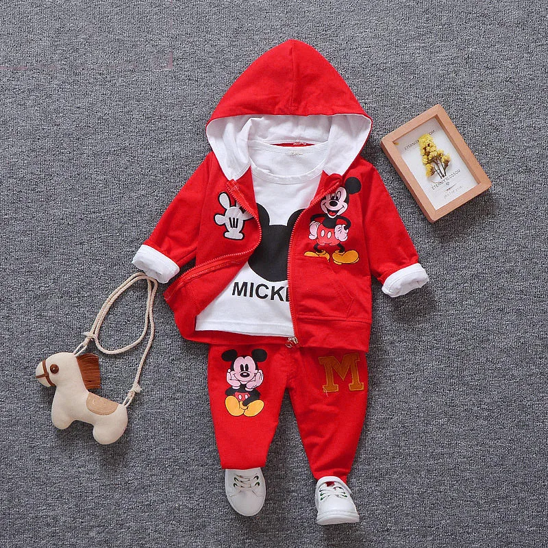 Boys Clothes Cartoon Mickey Minnie Printed Embroidery Autumn Long Sleeve Shirt&hooded Coat&oants 3pcs Child Toddler Girl Clothes