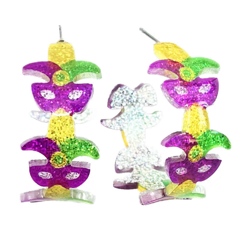 Shining Carnival Atmosphere Acrylic C-shaped Splicing Earrings for Women 2025 Purple Green Gold Mask Crown Theme Earrings