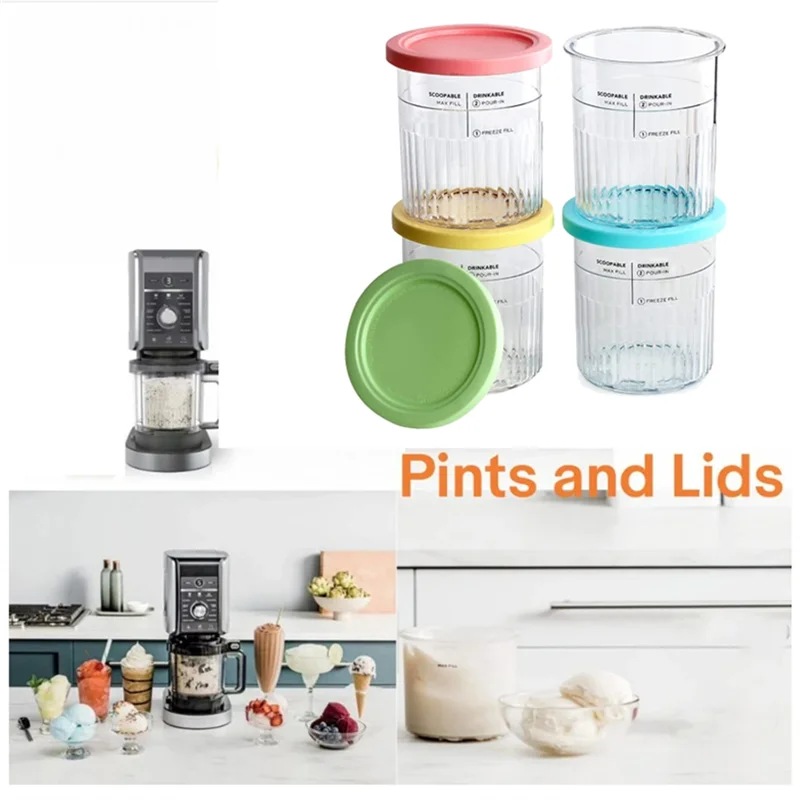 N89R 4PCS Ice Cream Pints and Lids for Ninja Creami NC500 NC501 Ice Cream Storage Containers Food Freezer