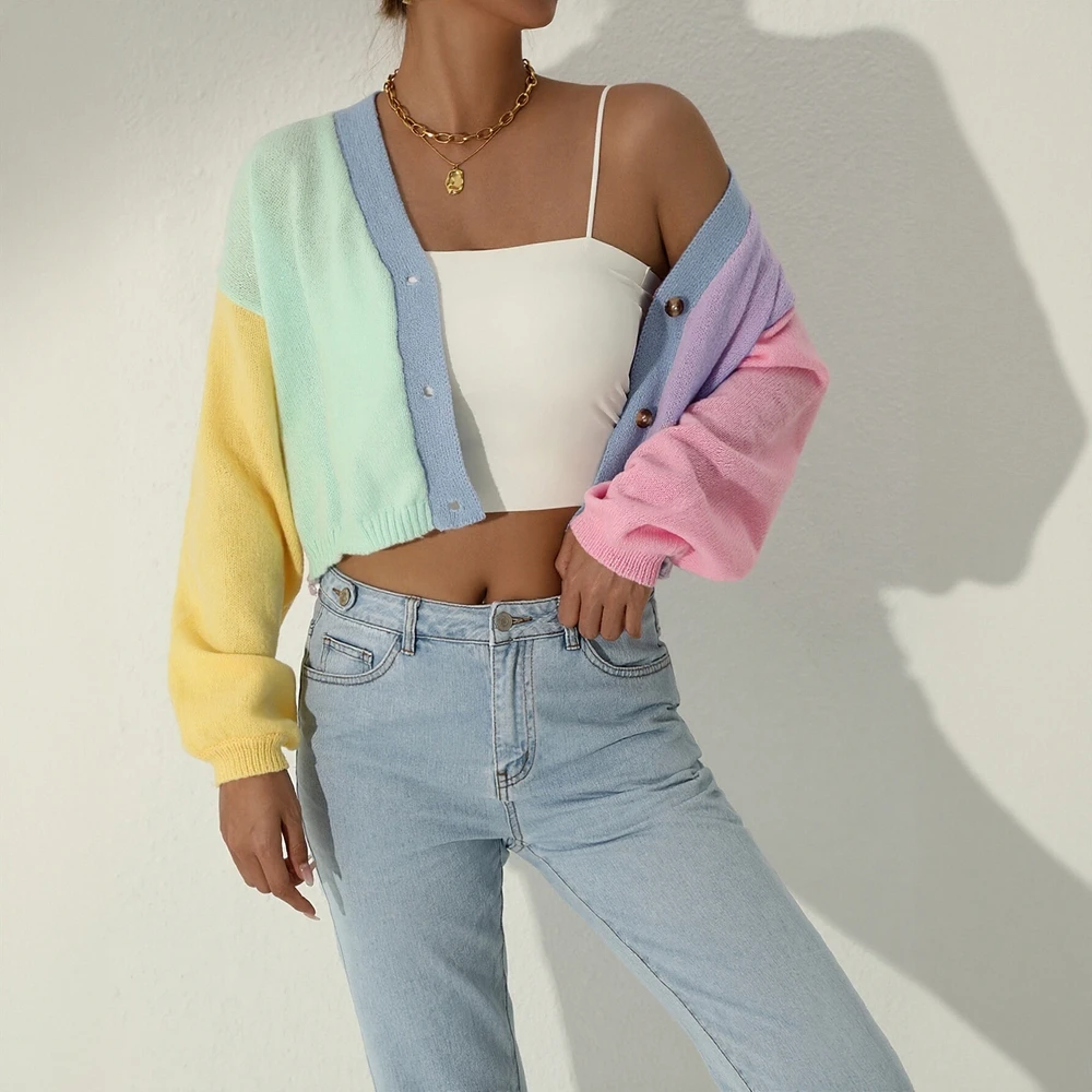 

Женский кардиган с длинным рукавом, осенне-зимний модный повседневный однобортный однобортный трикотаж с воротником Генри, повседневный трикотаж с открытой передней частью