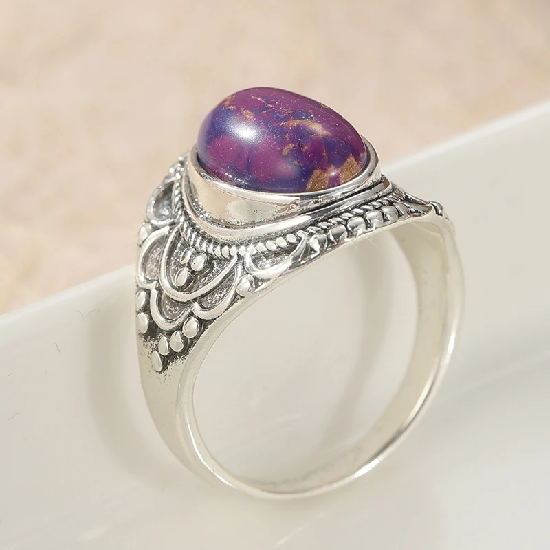 Ethnischer silberfarbener, eingelegter Damenring mit imitiertem lila Lapislazuli, geometrischer Schmuck für den täglichen Gebrauch und Partys – Detail 4