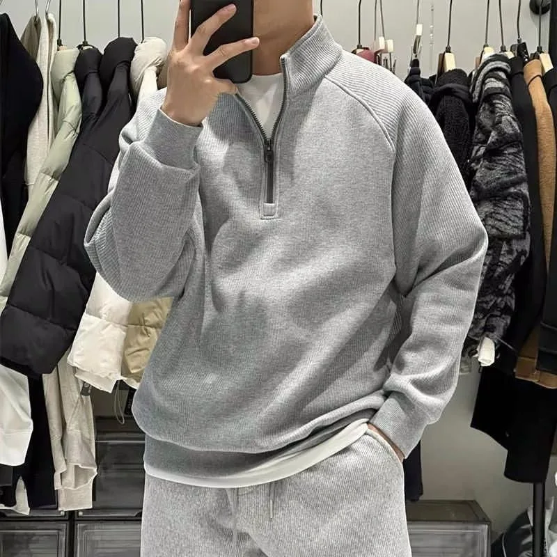 

Винтажный однотонный теплый вязаный свитер, пуловер с воротником-стойкой и полумолнией для мужчин, осенне-зимний универсальный трикотажный топ