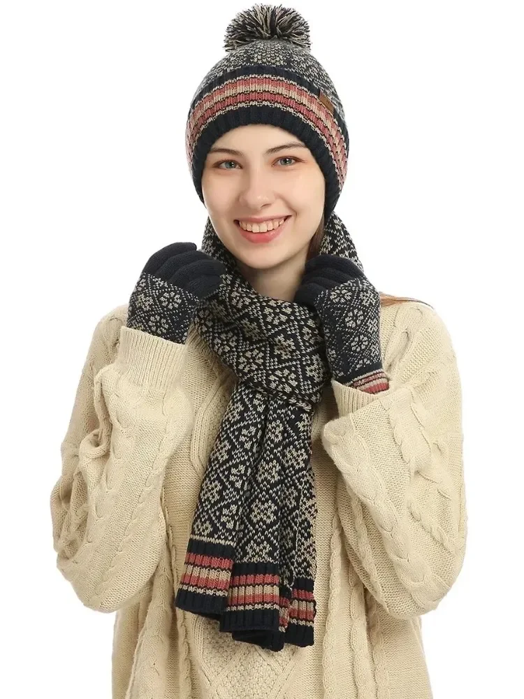 

Зимний вязаный шарф, перчатки для женщин, комплект шапки на флисовой подкладке, удобный мягкий повседневный теплый красный комплект перчаток, уличный ветрозащитный комплект