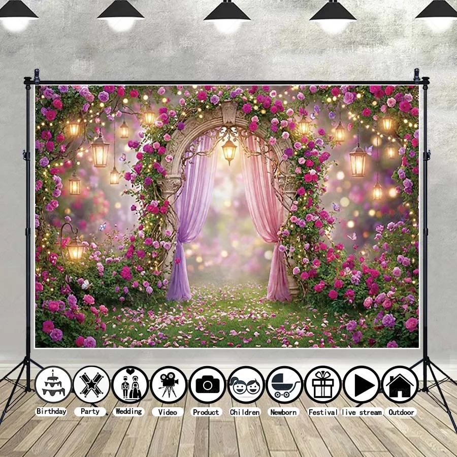

MOON.QG Fairy Floral Backdrop Flower Arch Curtain Backgrounds For Photographs Kids Photozone Poster Photography Accessories