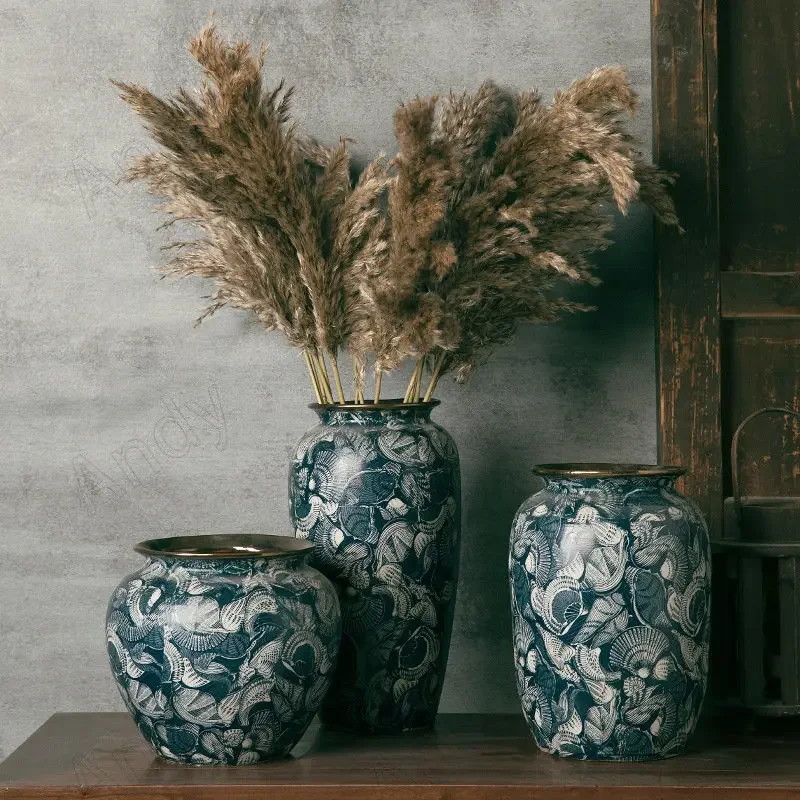 Retro Ceramic Vase Handwork Blue and White Porcelain Living Room Flower Vases Gold Stroke Decorative Home Tabletop Decoration