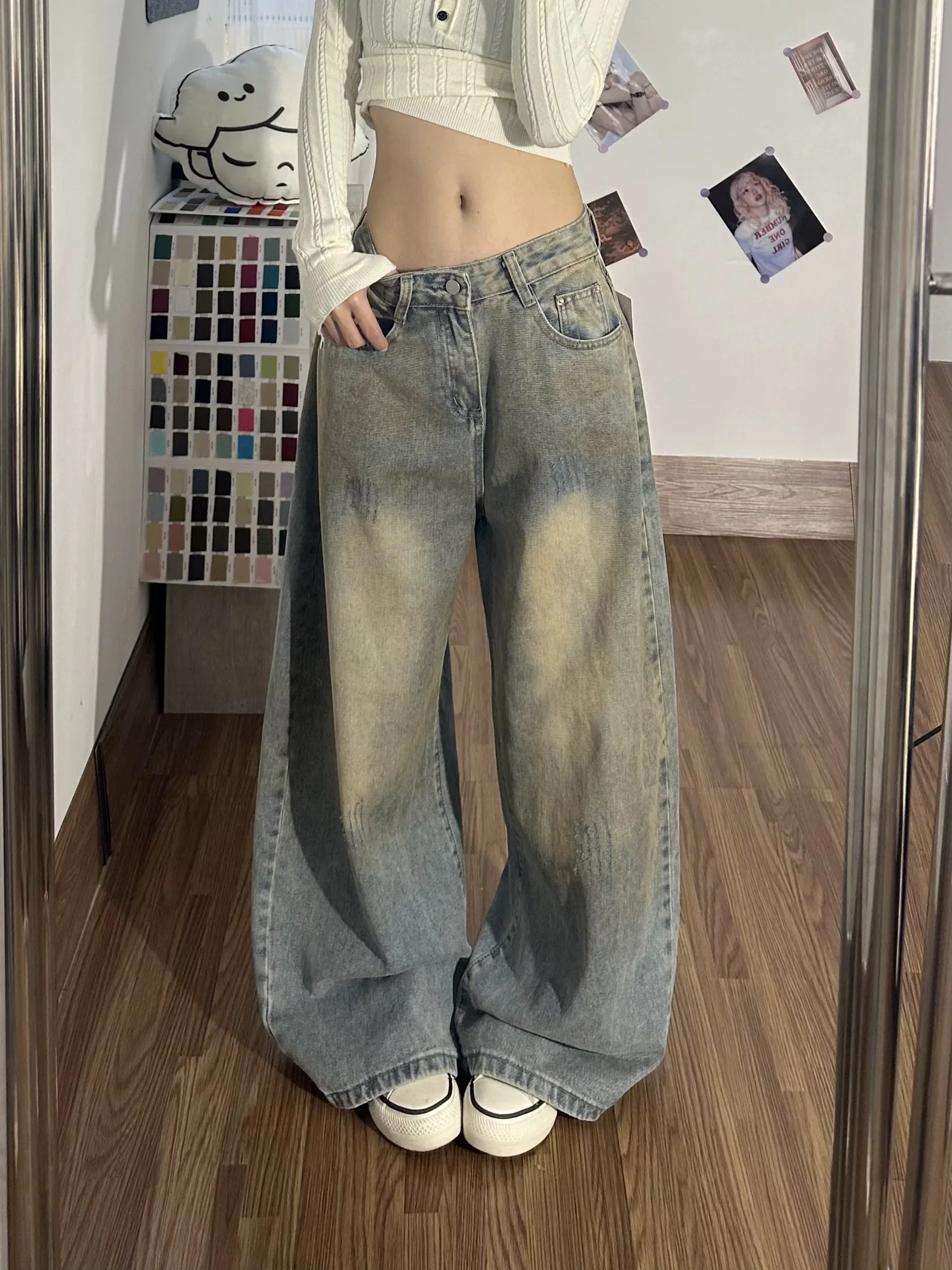 

Y2K Vintage Jeans Women Soil Dirty Dye High Street Loose Wide Leg Curved Knife Pants Spring