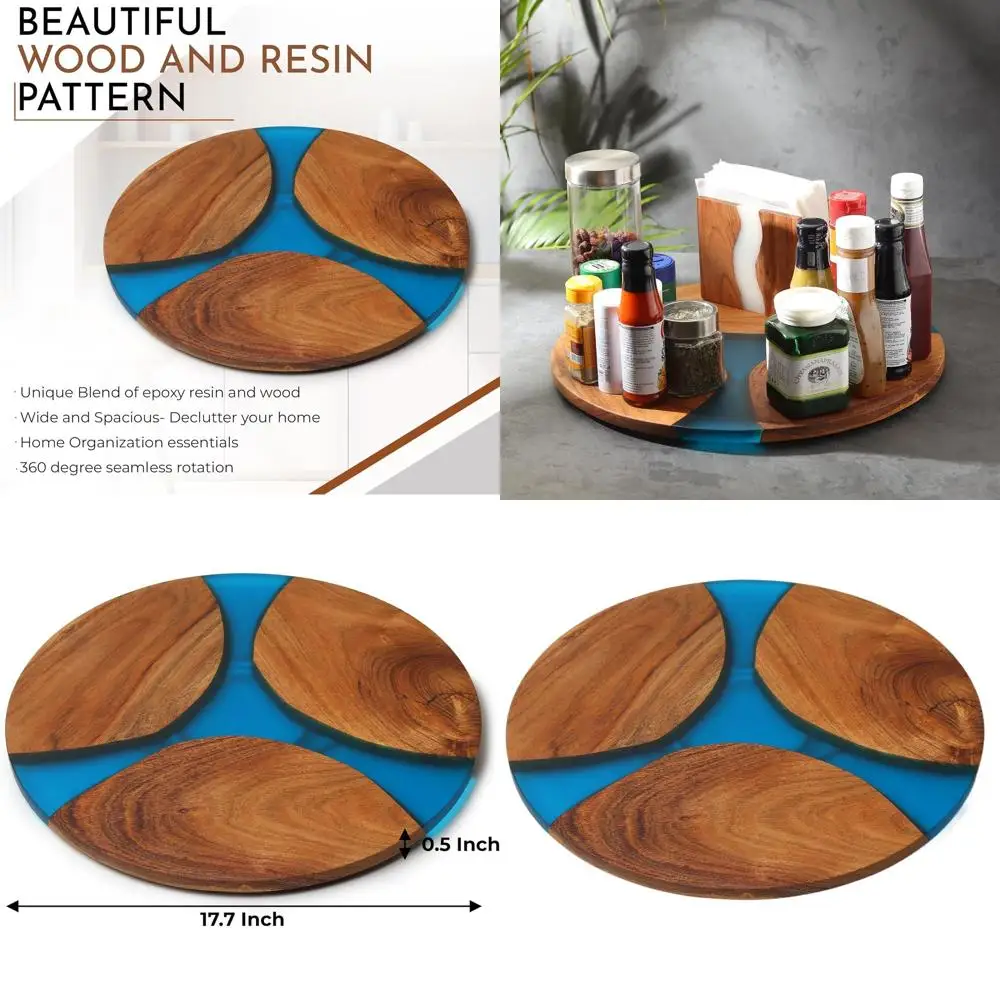 

17.5 Acacia & Epoxy Lazy Susan - Kitchen & Dining Organizer, Ideal for New Home Essentials, Turquoise