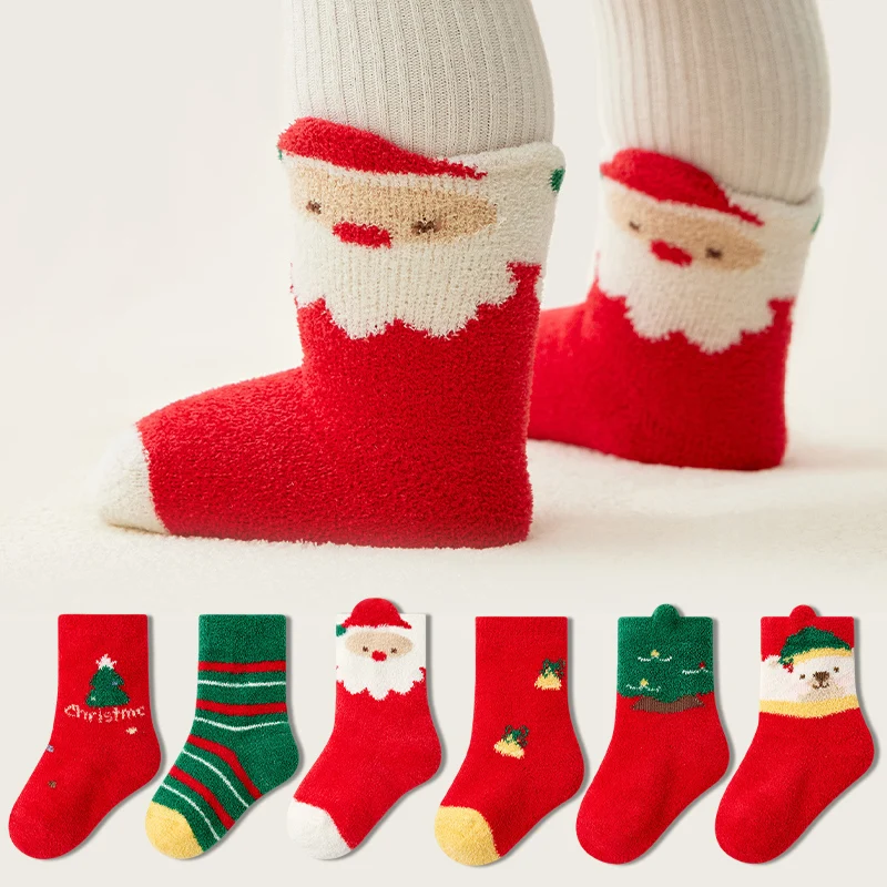 3 Pairs Soft Coral Fleece Christmas Baby Socks Warm Thick Mid Calf Infant Socks Christmas Winter Toddler Socks for Boys Girls