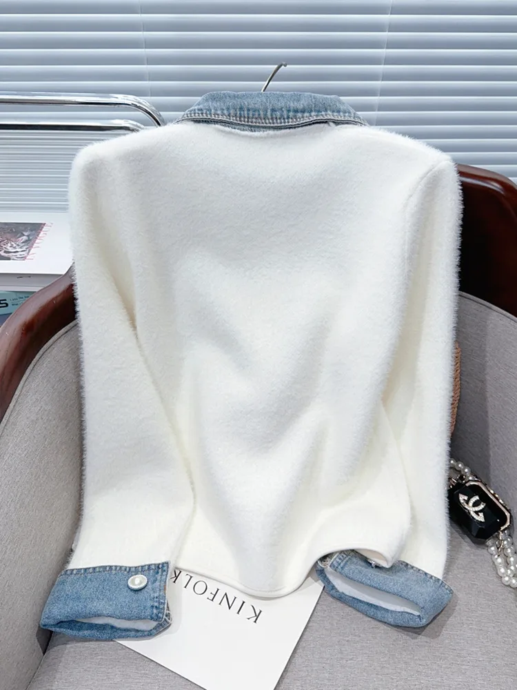 

French Women Patchwork Denim Coat Vintage Single Breasted Long Sleeved Jacket Tops Autumn Winter 2025 Chic Knitted Unif Cardigan