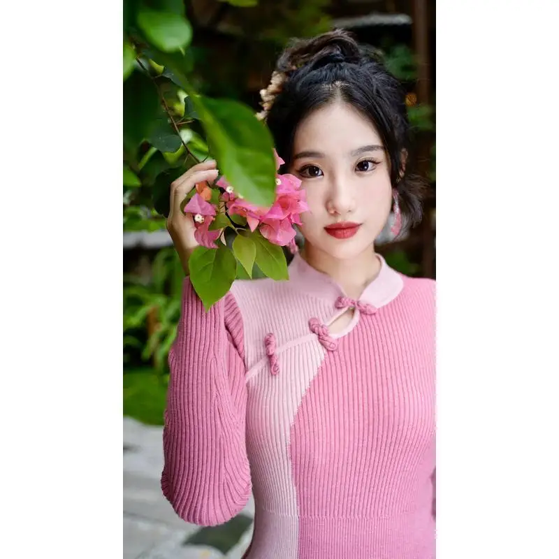 Vestido de malha feminino retrô bloco de cores, outono inverno, camada de base suave, vestido suéter até o chão, novo estilo chinês cq278