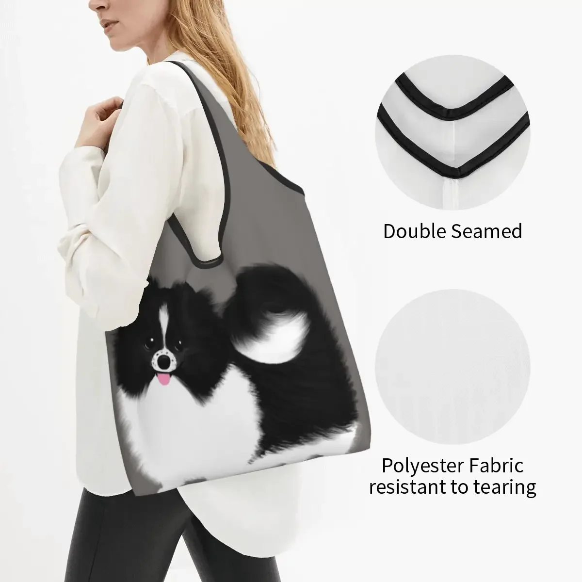 Black And White Parti Pomeranian Fluffy Dog Portable Tote Shopping Bags Reusable Shopper Bag Grocery Handbag Shoulder Bag