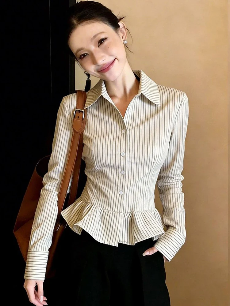 

Slim Ruffles Striped Shirt Women Elegant Fashion Long Sleeve Spring Blouse Sweet Casual Female Chic Turn Down Collar Ins Tops