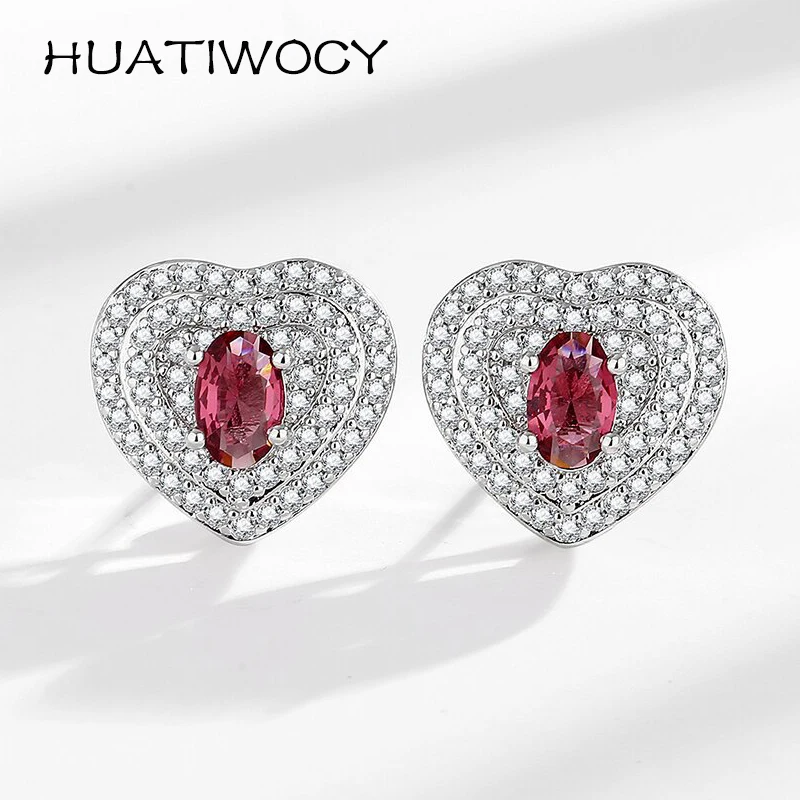 

HUATIWOCY Classic Heart Shape Stud Earrings with Zircon 925 Silver Jewelry Accessories for Women Wedding Party Gift Wholesale