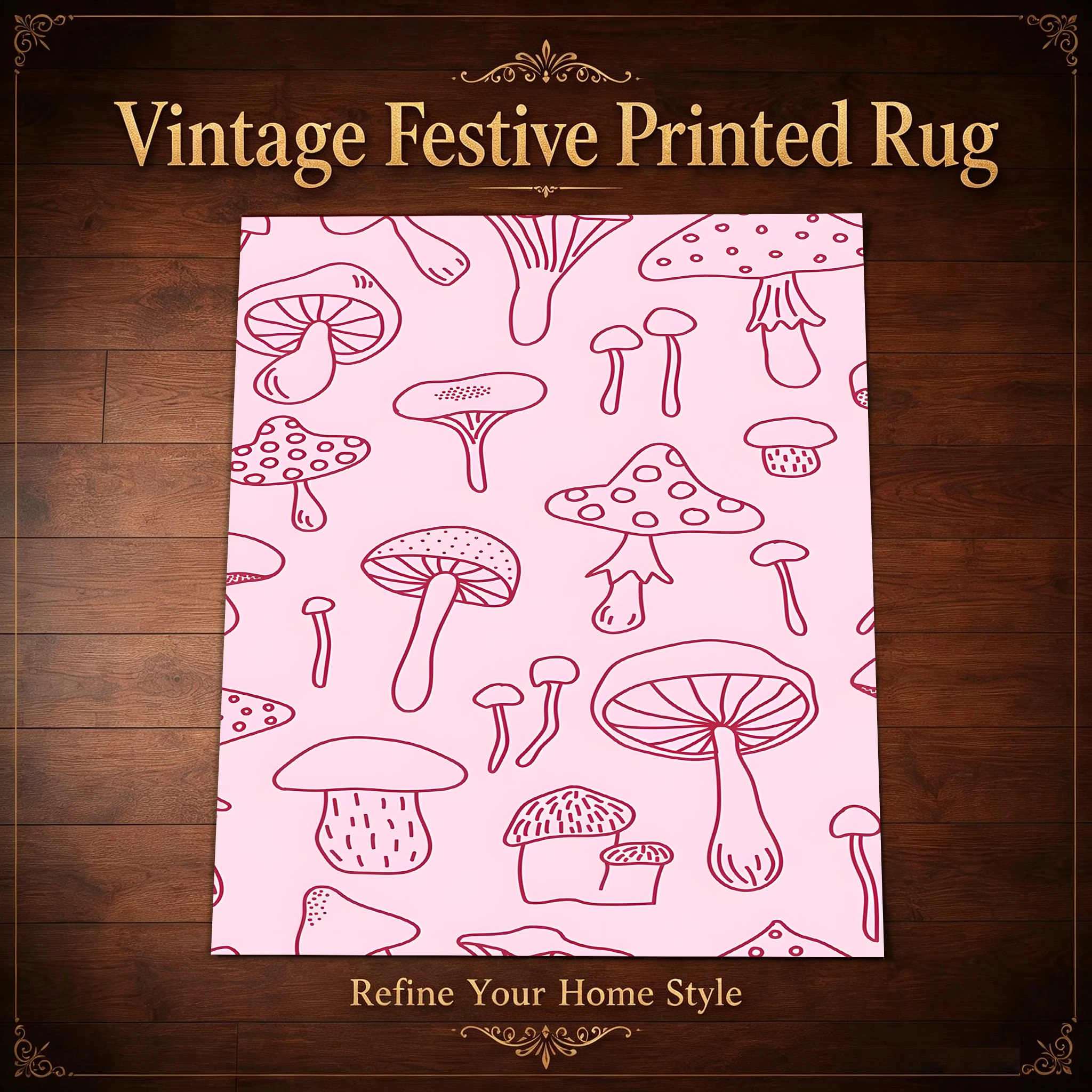 2D Large Carpet Pink Line Drawing Mushroom Adorable Soothing for Bedroom Living Room