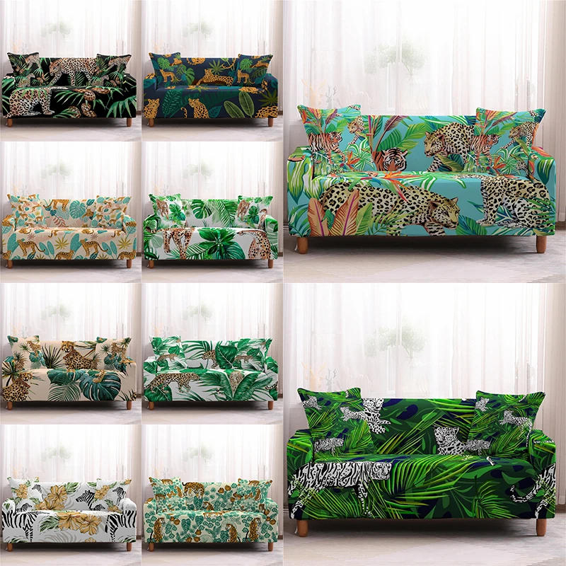 

1/2/3/4 Seat Sofa Cover Green Tropical Plants Sofa Cover Animal Stretch Big Sofas Living Room Protective Cover Cushion Cover