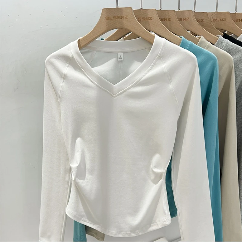 2025 verão plissado cintura emagrecimento base camiseta básica com decote em v magro t camisa feminina sólida versátil tendência manga longa topo