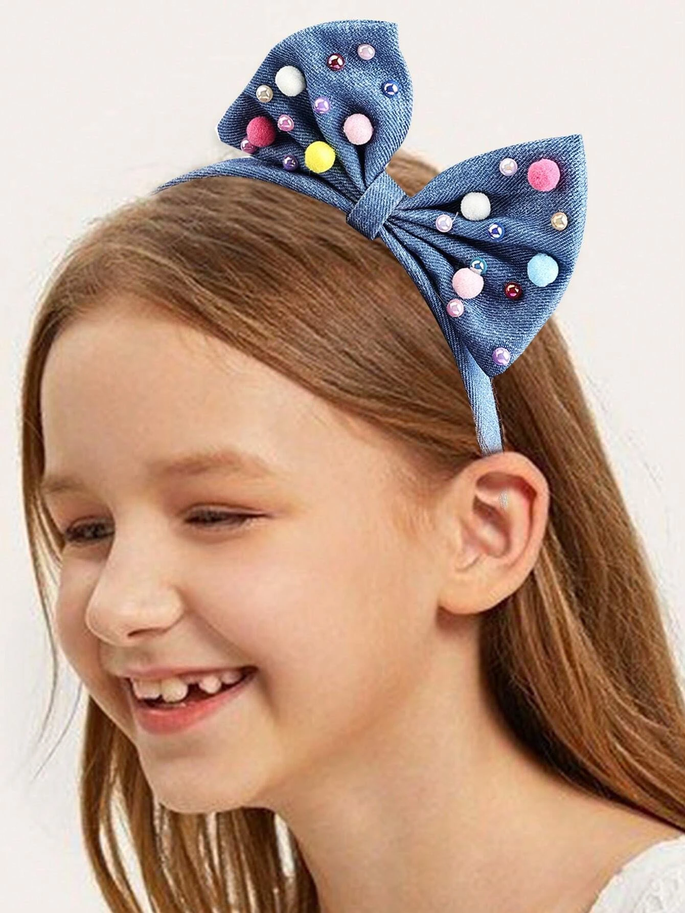 1PC Girls Butterfly Knot Headband Navy Blue Fabric Pouch and Colorful Pearl Embellishment for Kids Hair Bands Headwear