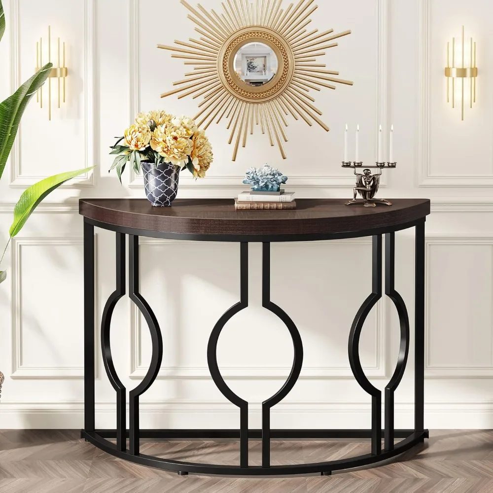 

Half Moon Console Table for Entryway, 43 Inch Industrial Semi Circle Sofa Table with Geometric Base, Wood Accent Table for Livi