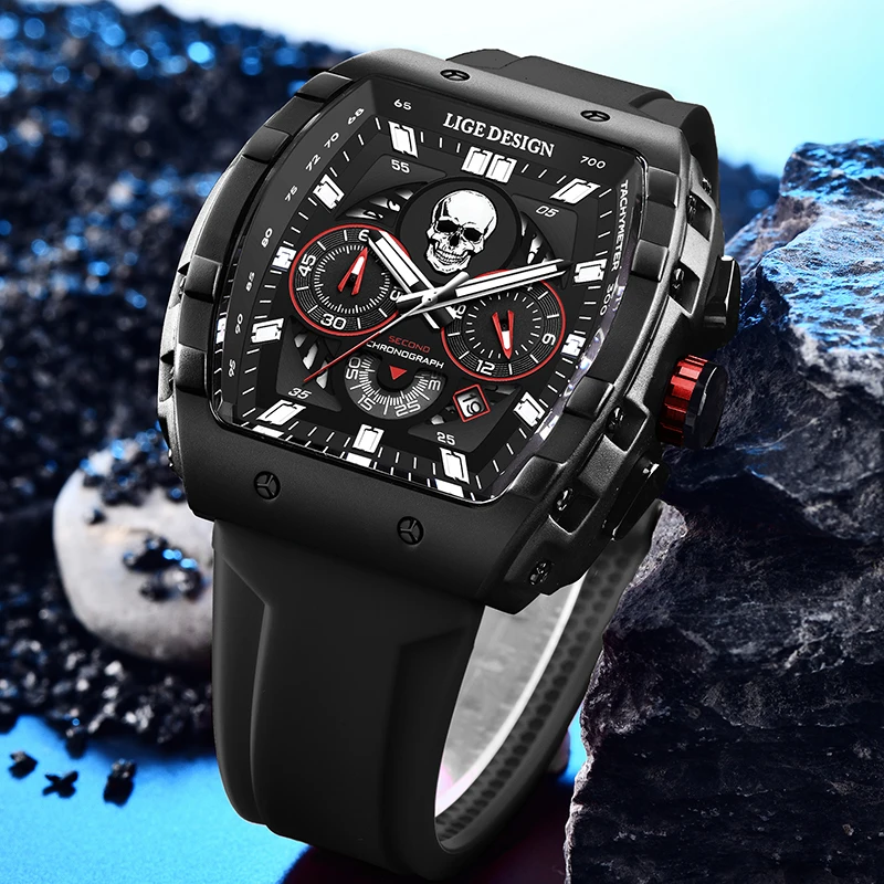 LIGE Fashion Square Silicone Watches For Men Top brand Luxury Skull Design Watch Men Military Sport Waterproof Quartz Men Watch