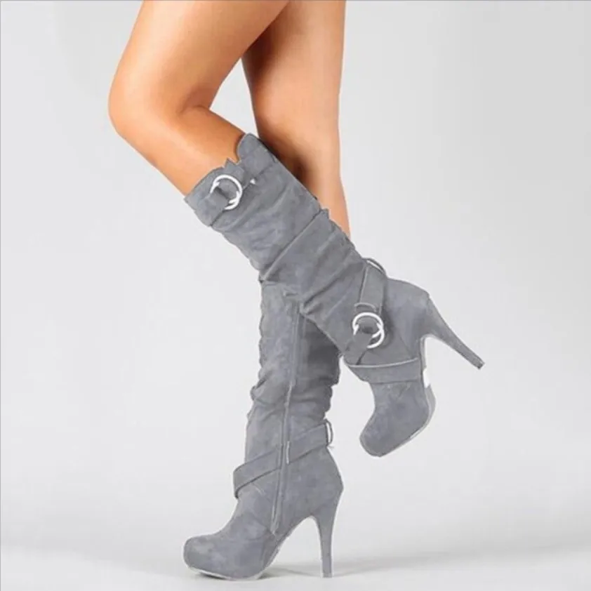 Fashion Leisure Women Shoes Vintage Womens Suede Boots Winter Ladies Knee High Boots Block Heel Shoes High Heels Stiletto boots