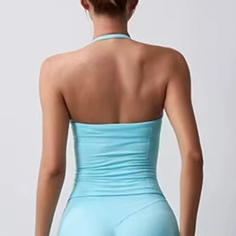 Women's Sexy Neck Hanging Backless Yoga Sports Vest Fitness Pilates Tight Long Top Gathered Sports Bra for Yoga