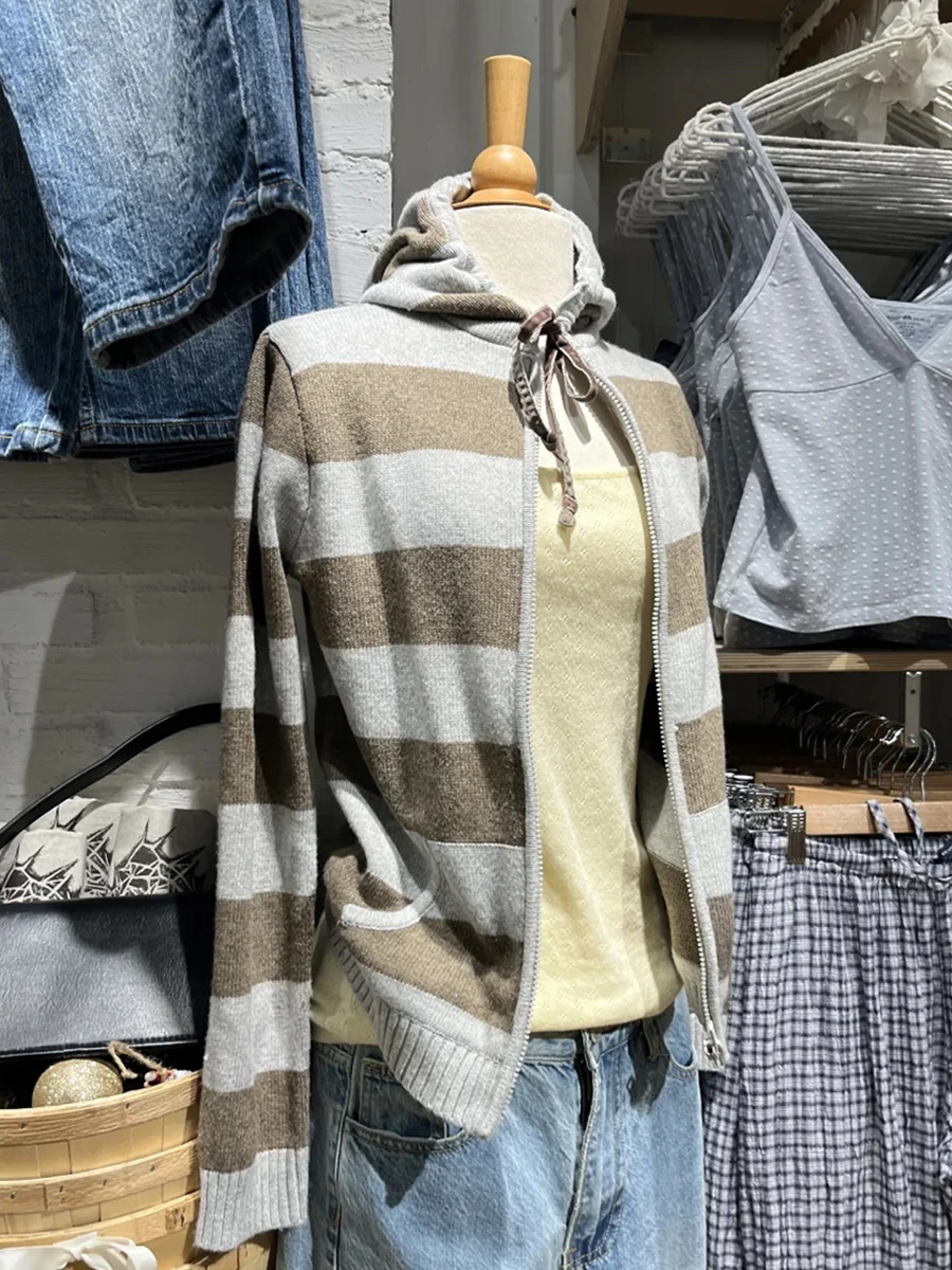 

Striped Knitted Cropped Hooded Cardigan Women Autumn New Long Sleeve Zipper Short Streetwear Knitwear Coat Vintage Sweaters Y2k