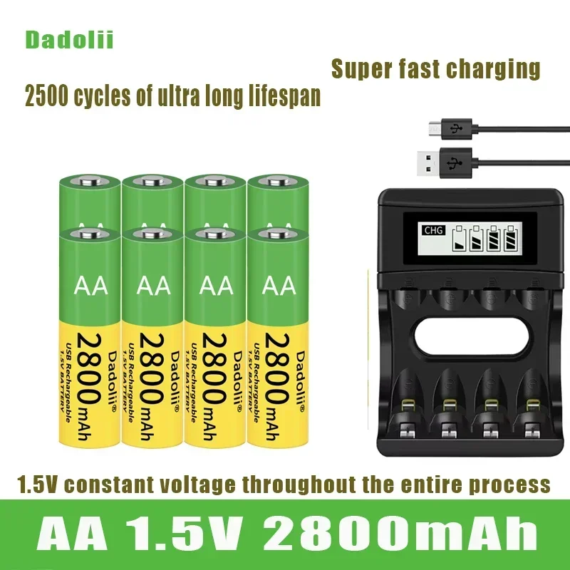 Dadolii AA 충전식 리튬 이온 배터리, 1.5V AA 2800mah, 리튬 이온 배터리, 장난감용 시계, MP3 플레이어 온도계 키보드, 신제품