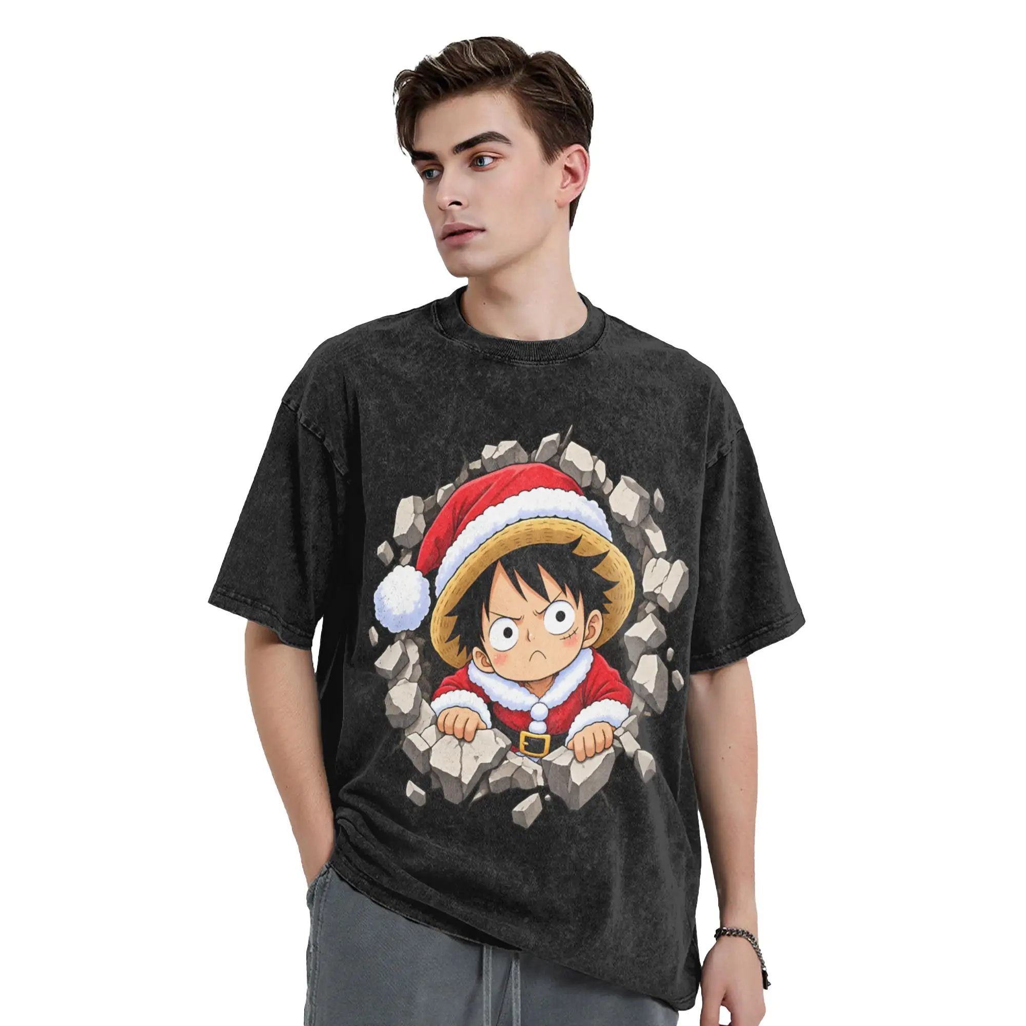 Anime Ones Pieces Luffy Christmas Washed T Shirt Streetwear Vintage T-Shirts Tees for Men Women 100% Cotton Harajuku Summer