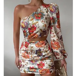 Fashionable Printed Summer New Sexy Slant Neck Single Shoulder Sleeve Off Shoulder Top Off Waist Women's Casual Short Dress
