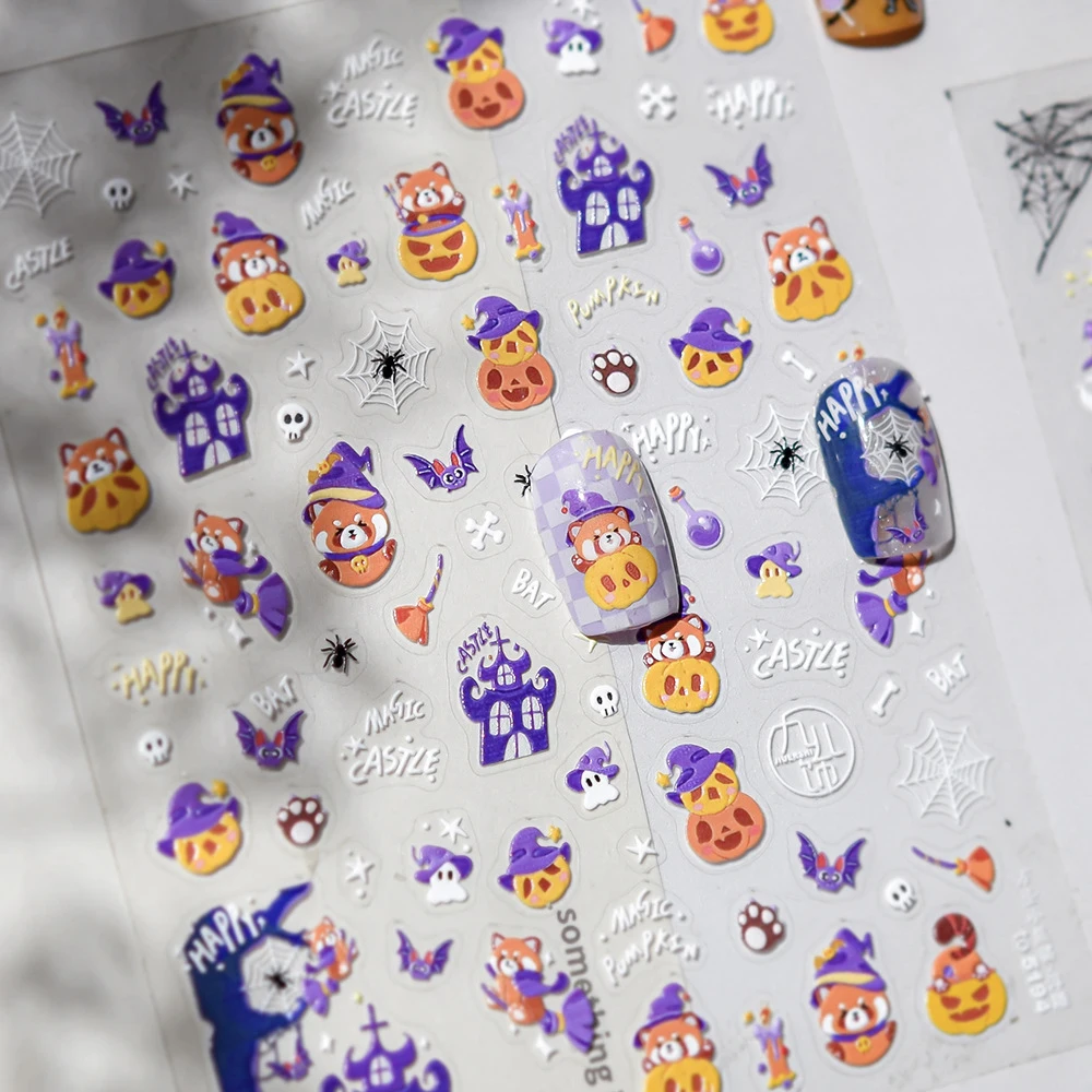 Süßes oder Saures Roter Panda Halloween 5D Nail Art Aufkleber Haunted Mansion Hexenbesen Skelette Spinnennetz Maniküre Aufkleber