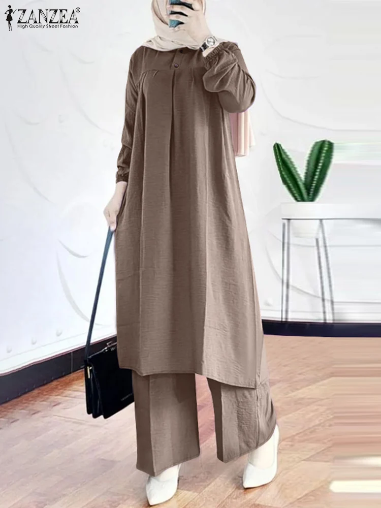 ZANZEA Long Sleeve Long Blouse Autumn 2-Piece Suits Wide Leg Trouser Casual Loose Women Muslim Islamic Pant Sets 2pcs Outfits