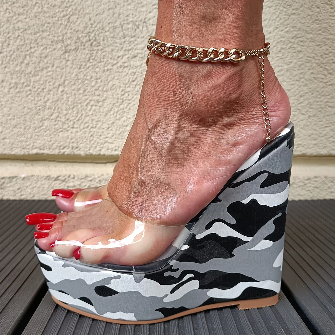 DOHBANER SUPER Women Pumps Peep Toe Platform Wedges Clear PVC Sandals Party Mules Camouflage Shoes Woman Big Size 39 42 45 4852