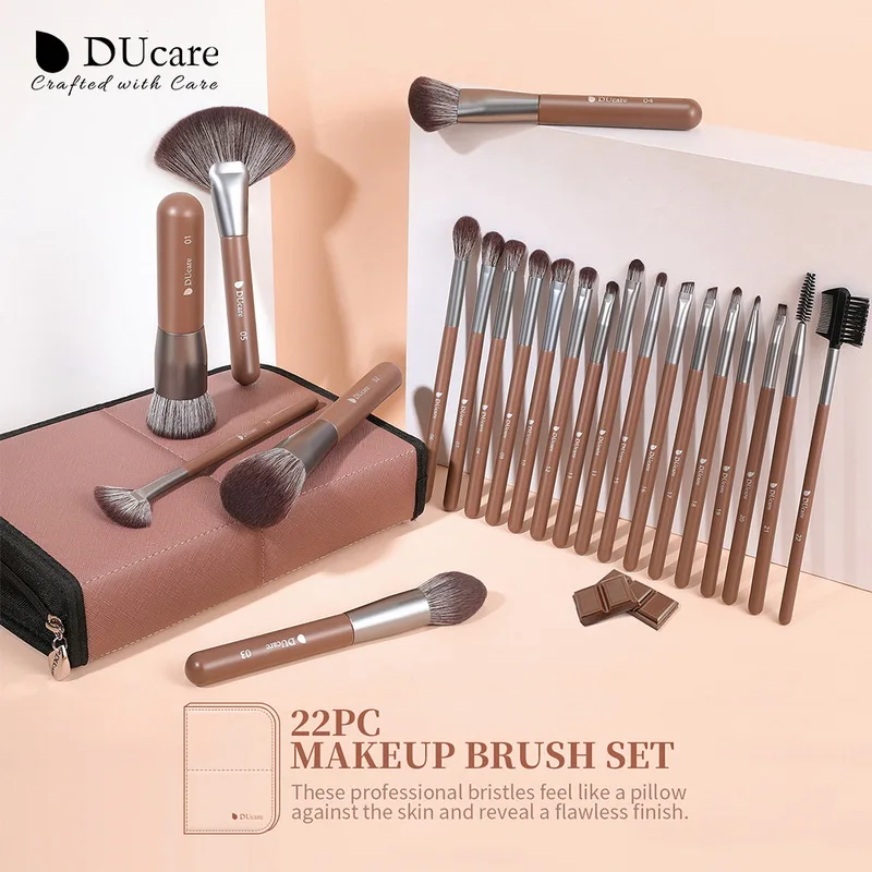 

DUcare Brown Makeup Brushes 22Pcs Professional Cosmetics Nylon Hair Powder EyeShadow Eyeliner Eyebrow Blending Brushes with BAG