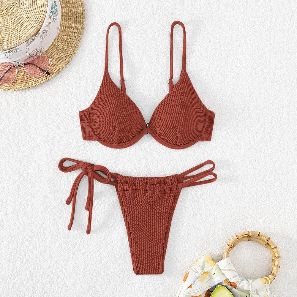 Costume da bagno con ferretto in 2 pezzi tinta unita donna 2024 scollo a V a costine bikini push up vita bassa perizoma costume da bagno costumi da bagno da spiaggia nuovo