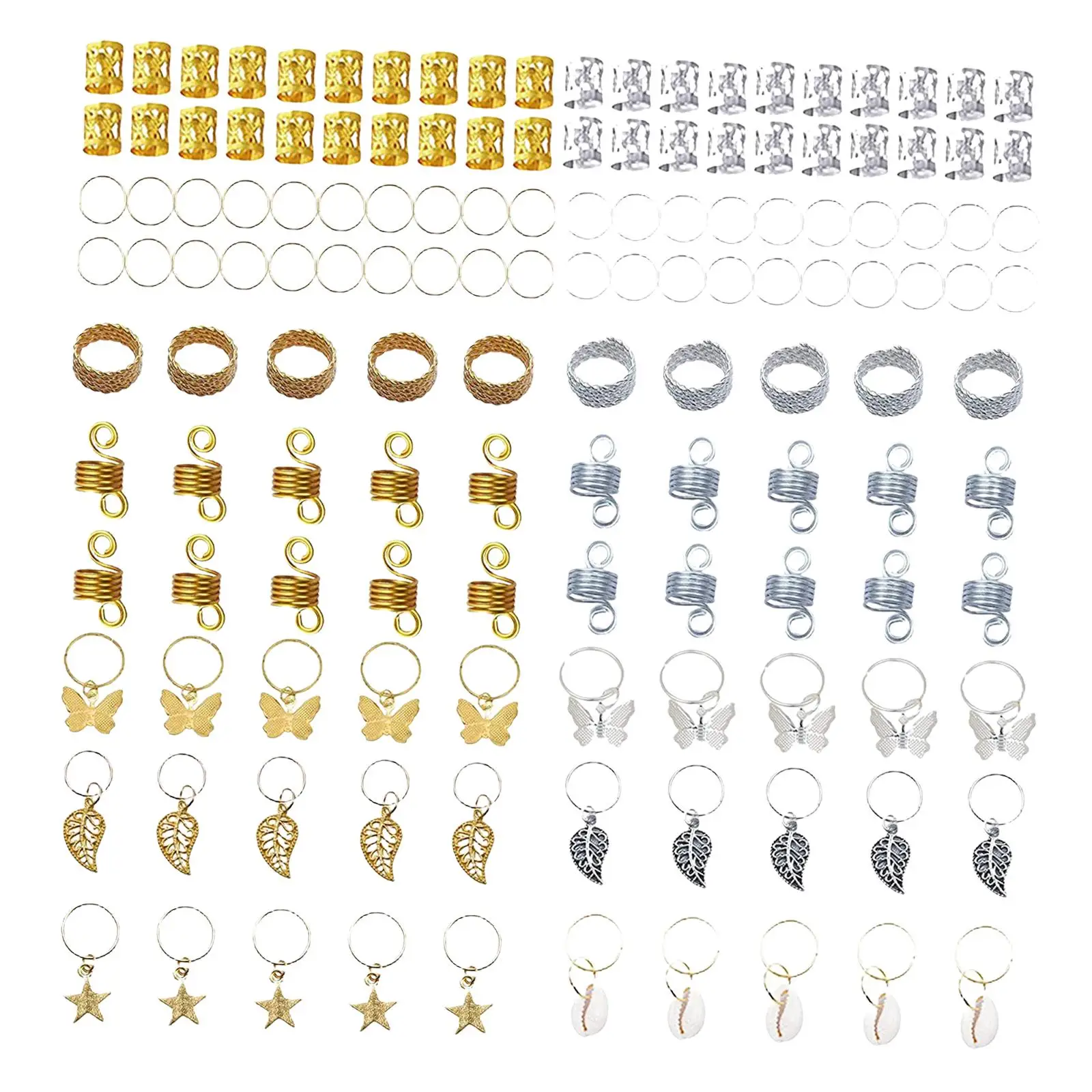 140Pcs Hair Braiding Beads, Multiple Styles Rings Cuffs Clips Metal Retro Hair Coil Dreadlocks Kit for Women Braids
