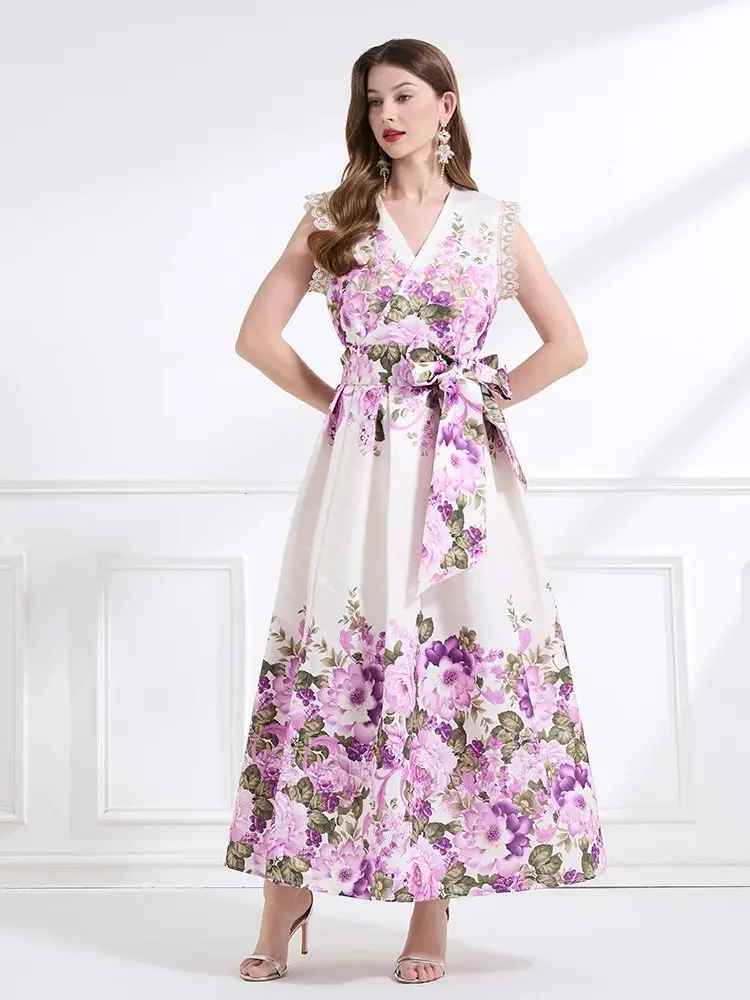 Alta qualidade flor impressão cruz com decote em v bandagem rendas até vestido envoltório para renda feminina sem mangas grosso cetim roupas femininas