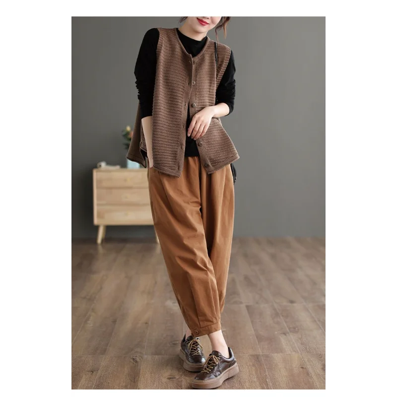 Damska, nowa, szyta kamizelka z okrągłym dekoltem, zapinana na guziki, modna, w jednolitym kolorze, luźna, uniwersalna, dzianinowa bluzka bez rękawów.