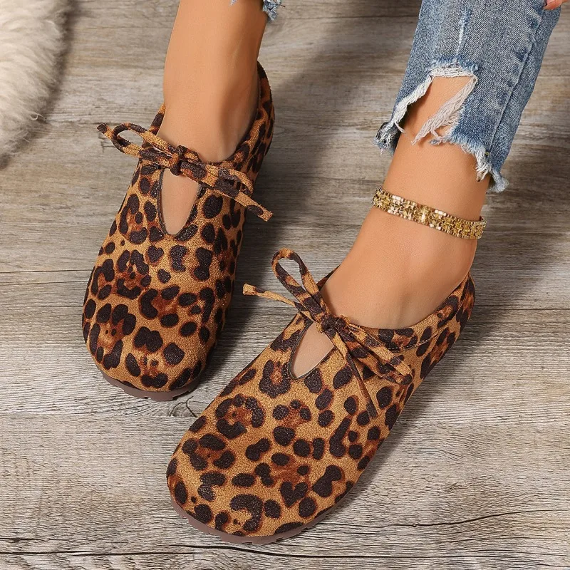 Bow Leopard Women Suede Flats Loafers Shoes Autumn New Fashion Casual Shoes Women 2024 Trend Walking Shoes Cozy