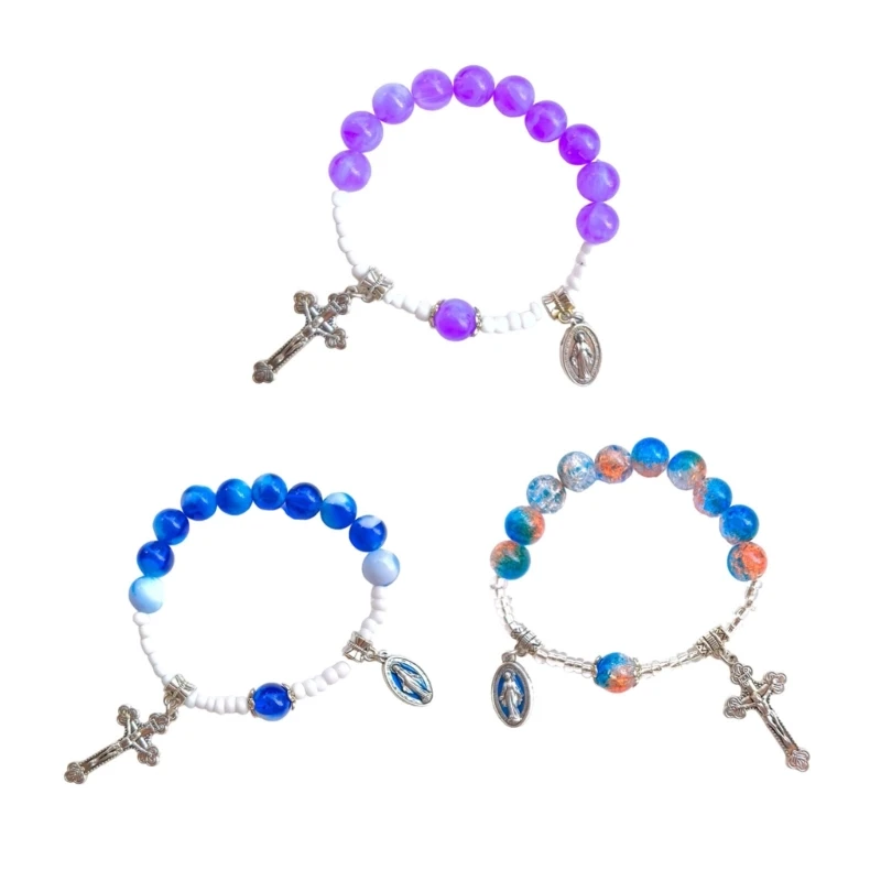 Catholic Glass Beaded Stretch Rosary Bracelets Crosses Pendants Bracelets Bangles Catholicism Prayer Religious Jewelry