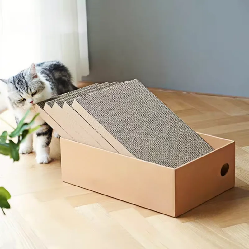 Paquete de 4 cajas de cartón para rascar gatos de interior, 1 poste para rascar gatos, caja de cartón para rascar gatos y gatitos de interior