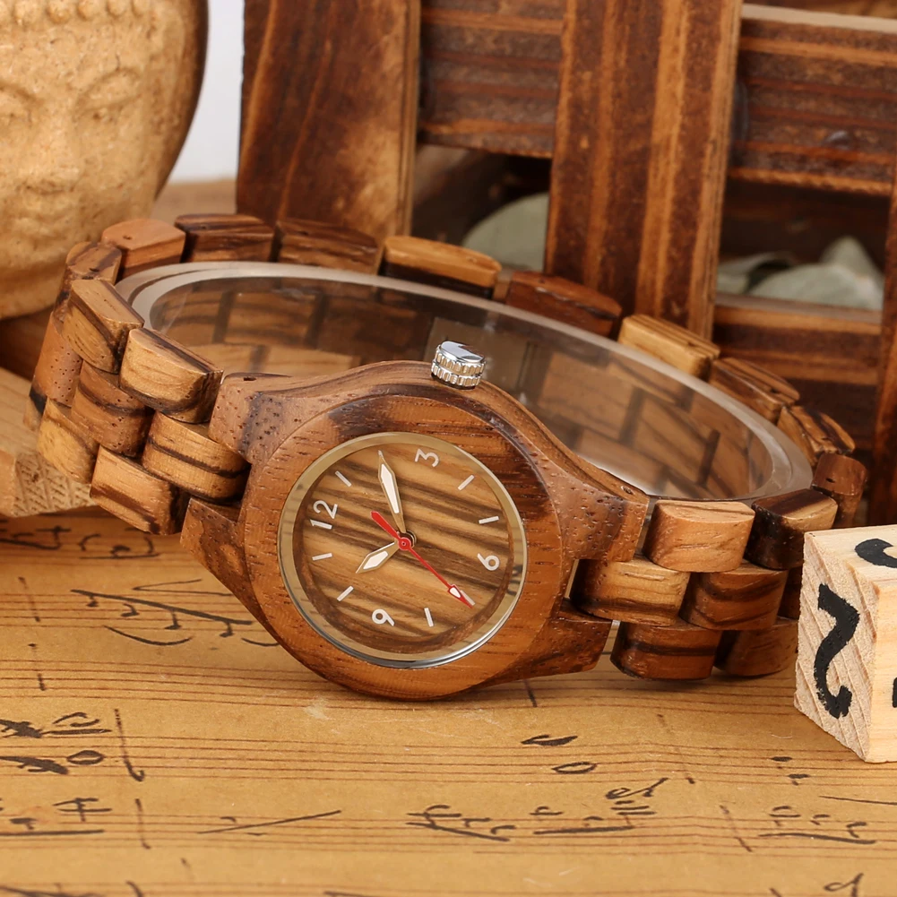 Zebrawood/Bamboo Watch Case Quartz Wristwatches for Women Arabic Numerals Round Dial Wooden Bangle Watch Band Ladies Watch Gift