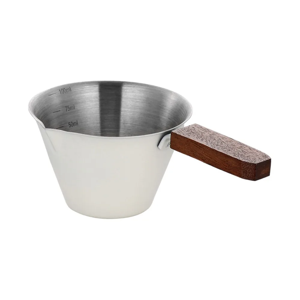 Stainless Steel Espresso Measuring Cup Spout Mouth Thicken Wood Handle Espresso Extraction Mug Easy To Read Comfortable Grip