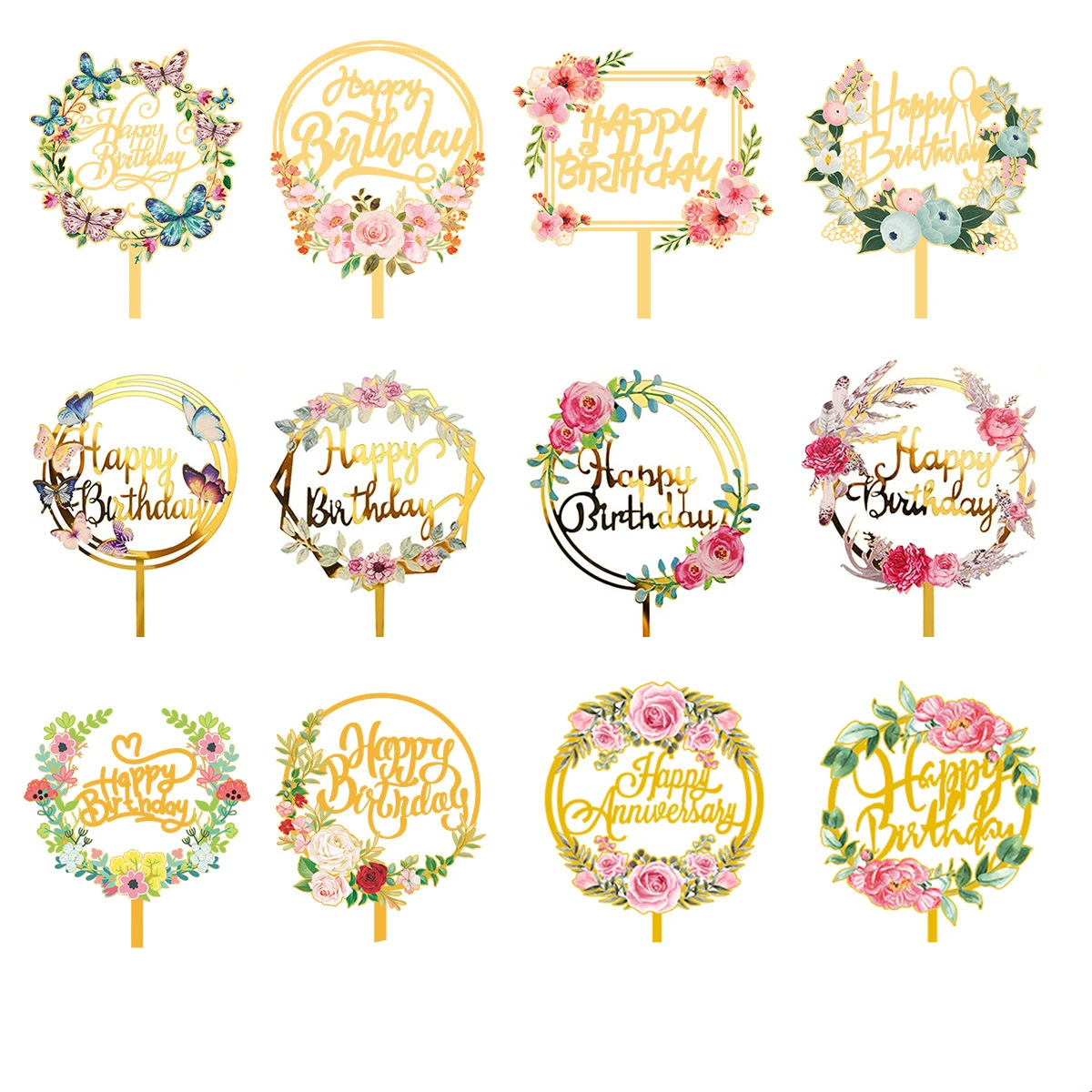 32 Style Acrylic Mirror Happy Birthday Cake Topper Flowers Butterfly Cake Decoration Home Birthday Party Decor Supplies